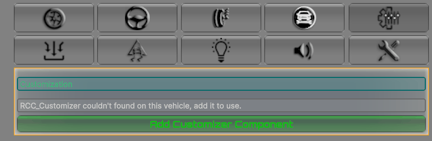The Customizer tab of the vehicle inspector on a vehicle without RCC_Customizer: click Add Customizer Component.