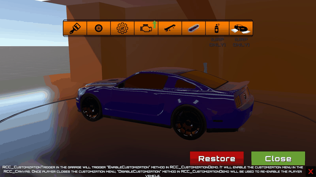 The customization menu in the RCC_Blank_Customization garage, opened by driving into the trigger.