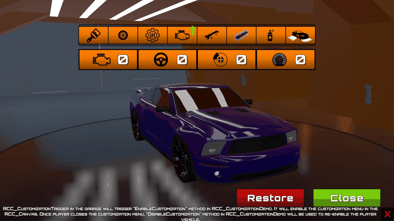 The upgrades panel of the built-in customization menu in the RCC_Blank_Customization demo.