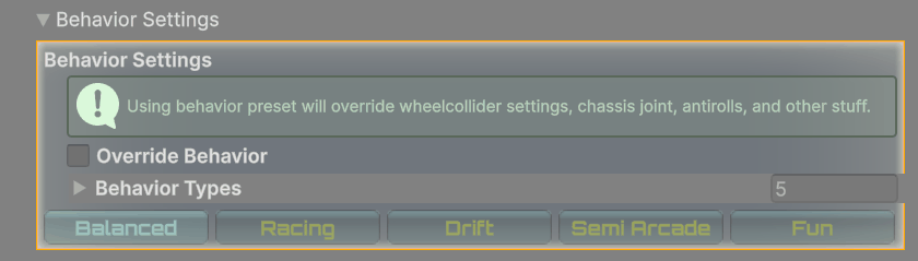 Behavior Settings as shipped: Override Behavior is off, so the preset list and preset buttons are greyed out.