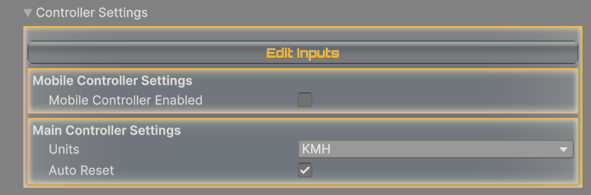Controller Settings as shipped: the Edit Inputs button, Mobile Controller Enabled (off, so its other fields are hidden), Units and Auto Reset.