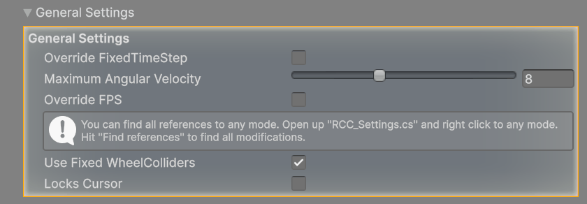 General Settings as shipped. Fixed Timestep and Maximum FPS appear only when their Override toggle is on.