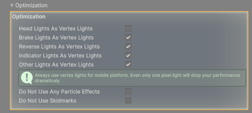 Optimization as shipped: headlights are pixel lights, all other light types are vertex lights.
