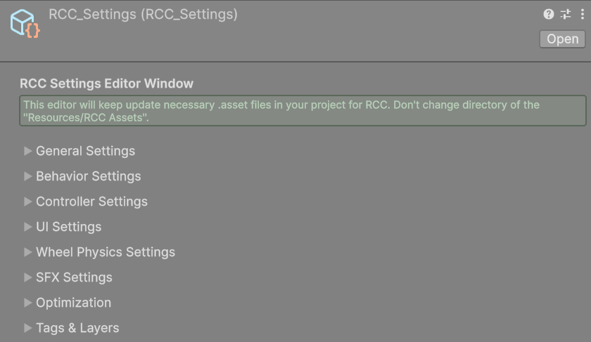 The RCC Settings inspector with every section collapsed. Click a section name to expand it.