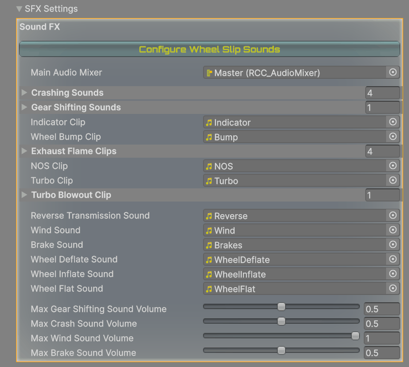 SFX Settings: the Configure Wheel Slip Sounds button, the audio mixer, every clip slot and the four volume caps.