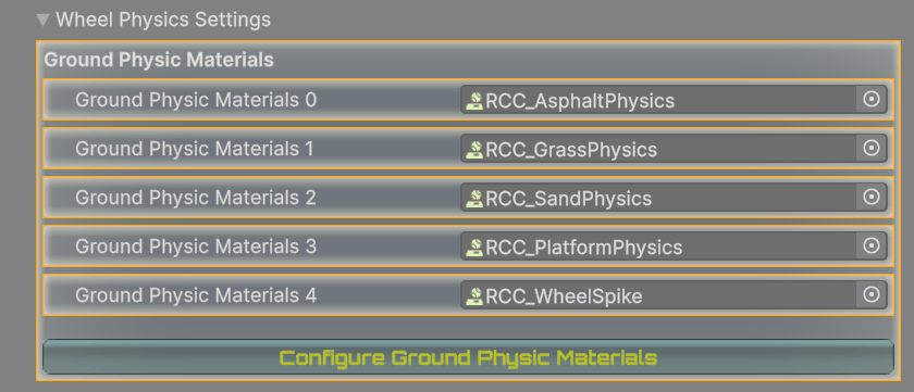 Wheel Physics Settings lists the ground physic materials; the button opens the RCC Ground Materials asset.