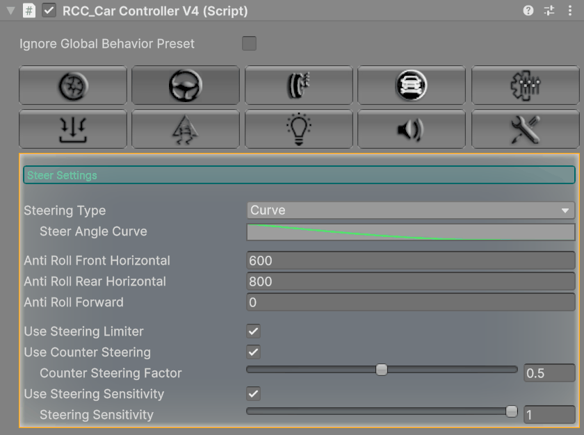 The Steering tab of the Muscle vehicle: Steering Type, Steer Angle Curve, Use Counter Steering and Use Steering Sensitivity.