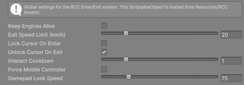 The Enter / Exit settings asset in the Inspector.