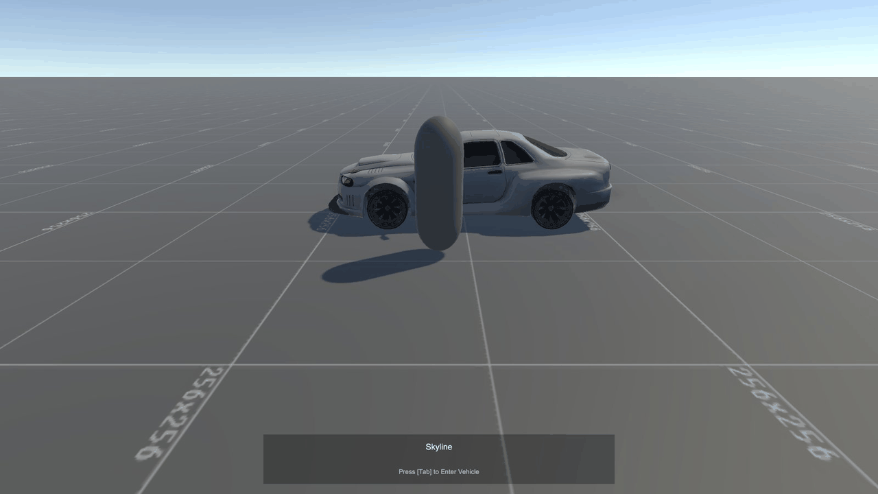 The RCC_Blank_EnterExit_TPS demo: walk the third-person character up to the car and the prompt shows the key to get in.