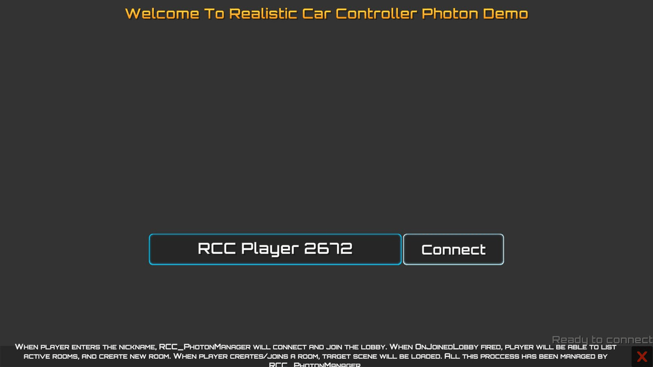 The Photon lobby scene in Play mode: type a nickname and click Connect, then create or join a room.