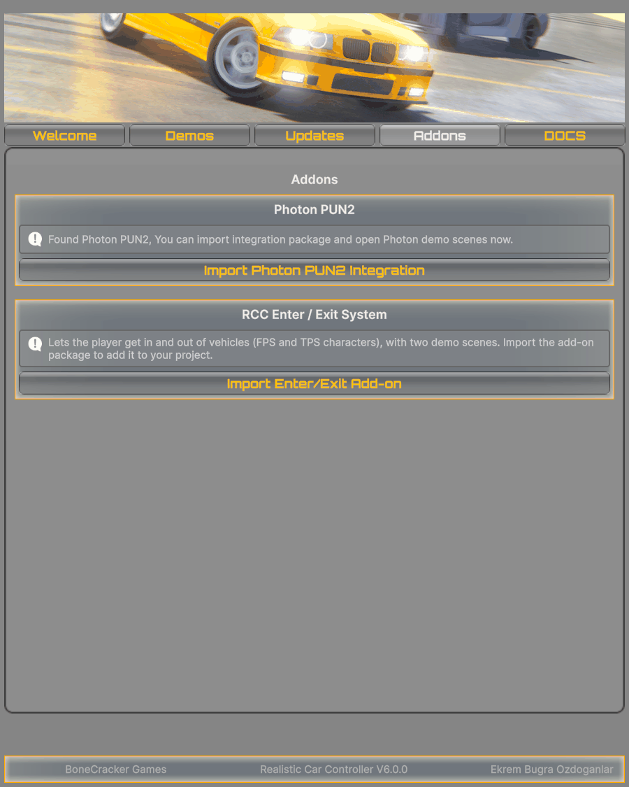 The Welcome Window's Addons tab before either addon is imported, with PUN 2 already in the project: Import Photon PUN2 Integration and Import Enter/Exit Add-on.