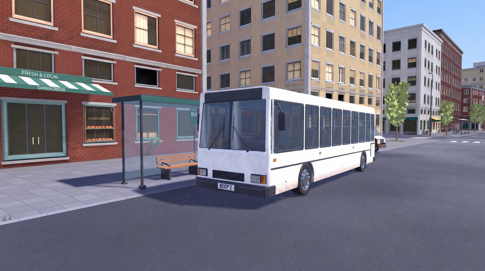 City bus beside a bus stop in Compact City