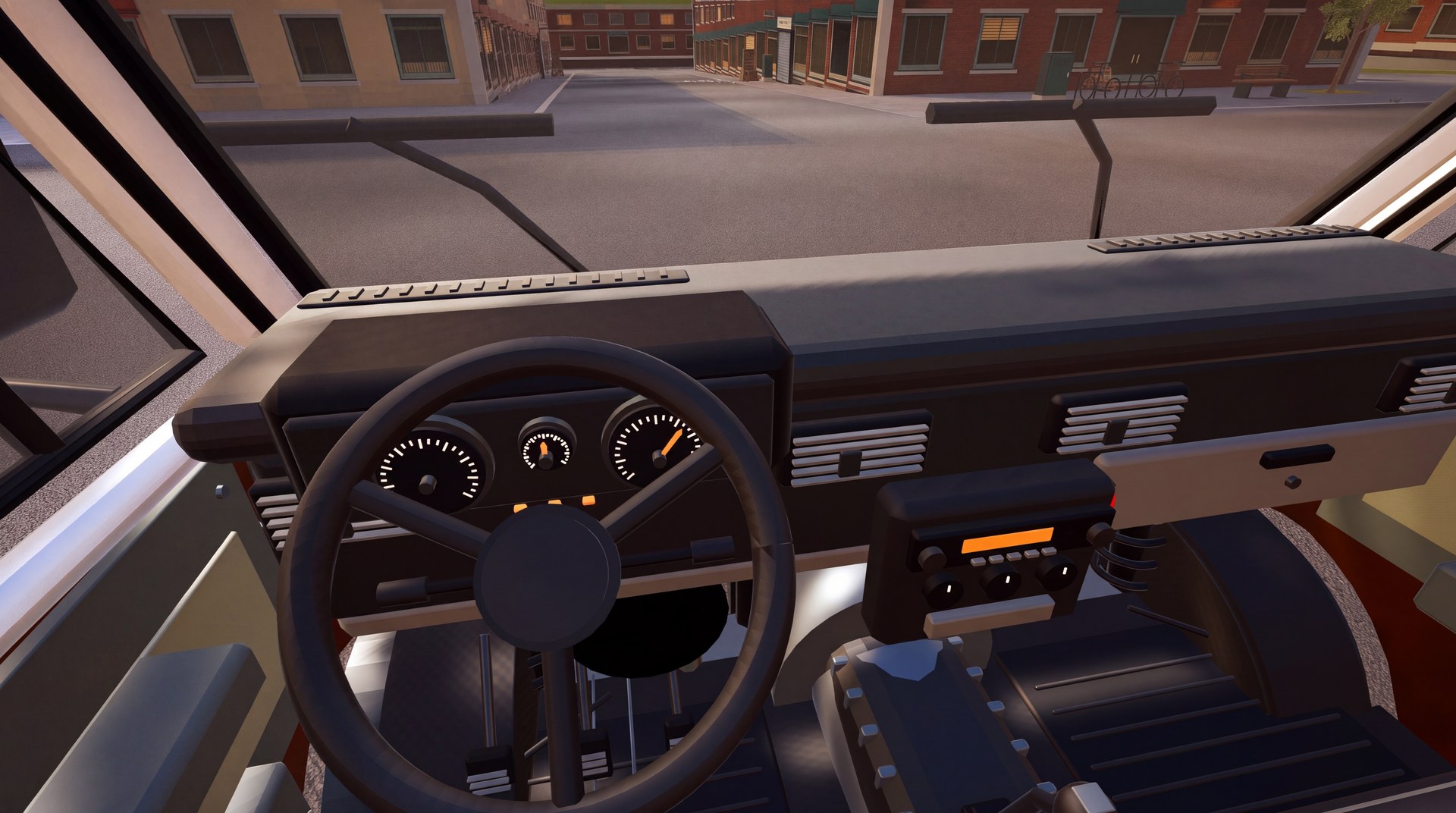 Minibus interior showing the dashboard and steering wheel