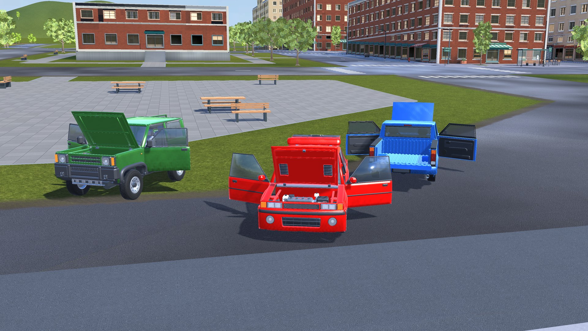 Three demo vehicles with open doors and body panels